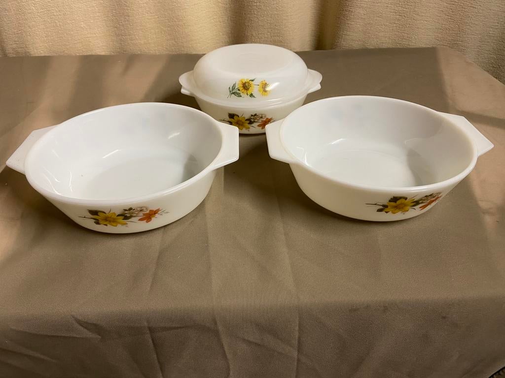 3 Vintage glazen ronde schotels van PYREX, Ophalen, Gebruikt, Glas, Overige typen