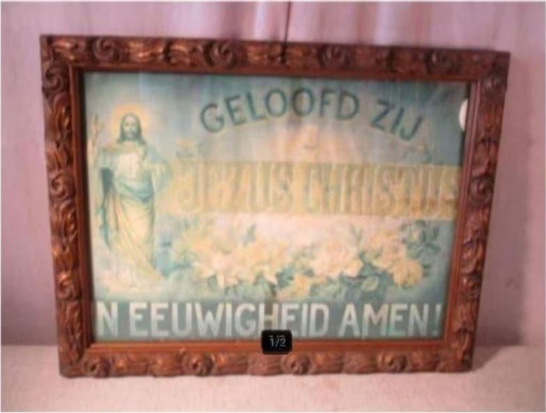 Oude Houten Barok Fotolijst met Religieuze spreuk - 45x36, Ophalen of Verzenden, Zo goed als nieuw