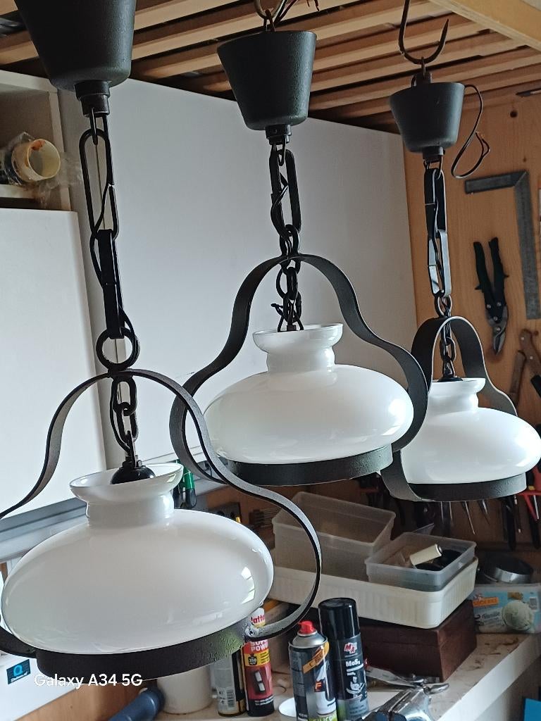 Retro smeedijzeren hanglustertjes, Ophalen, Zo goed als nieuw, Glas, Minder dan 50 cm