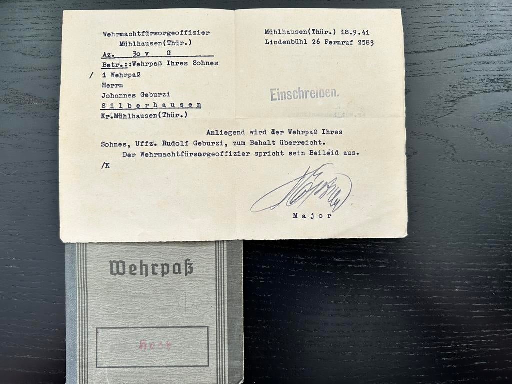 WW2 Wehrpass KIA + note de Wehrpass à la famille, Collections, Envoi, Armée de terre, Autres types