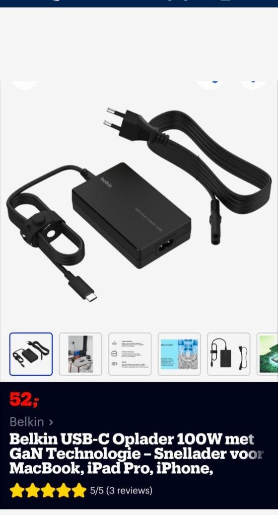 Belkin netadapter USB-C GaN power 100watt, Computers en Software, Laptop-opladers, Ophalen, Nieuw, Belkin