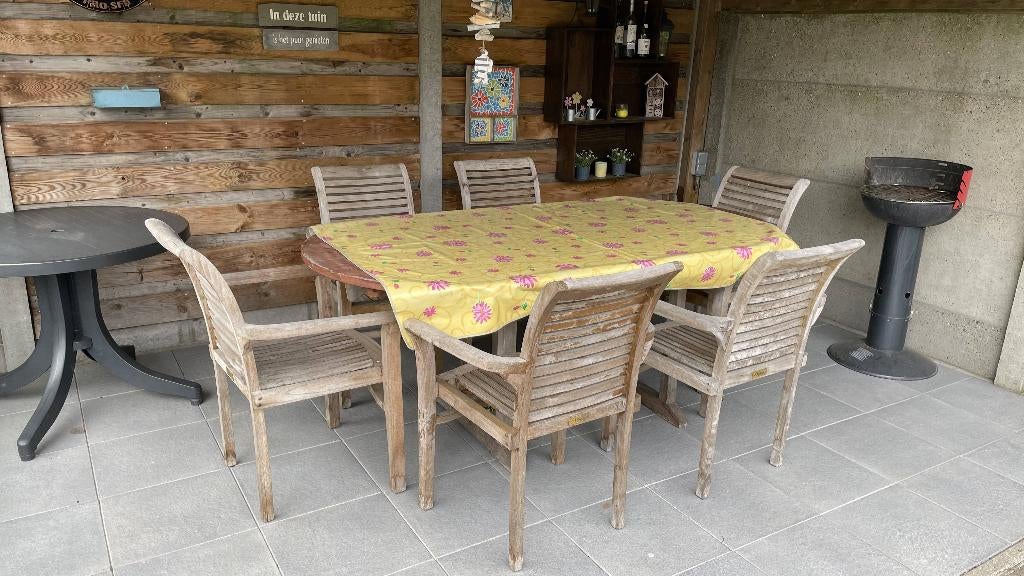 6 Teak tuinstoelen en tuintafel, Tuin en Terras, Ophalen, Gebruikt, Teakhout