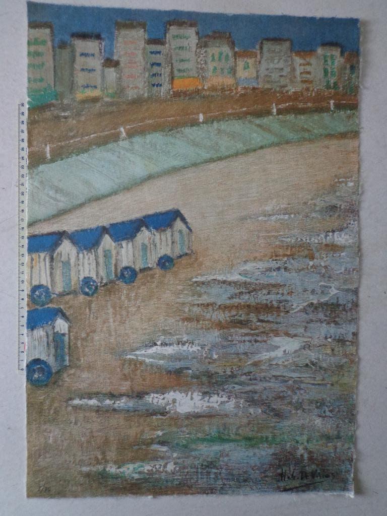 litho Hubert De Vries "Belgische kust met strandcabines", Antiquités & Art, Enlèvement ou Envoi