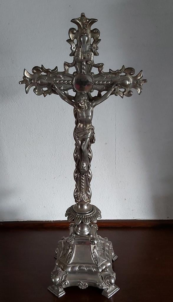 Antiek Groot Kruisbeeld Zwaar Metaal Zilverkleur ca.1880, Antiek en Kunst, Ophalen of Verzenden
