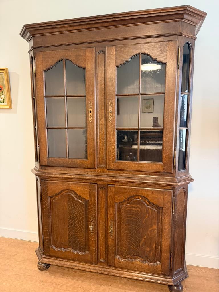 Massief eik vitrinekast, Huis en Inrichting, Ophalen, Gebruikt, Eikenhout, 150 tot 200 cm