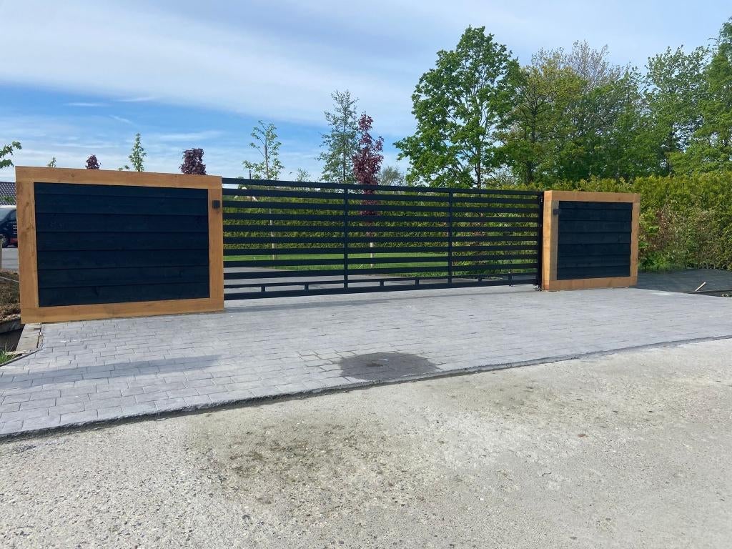 Nieuwe moderne schuifpoort 'Darwin' in 4m en 5m compleet!, Neuf, Enlèvement ou Envoi, Clôture barrée, Fer