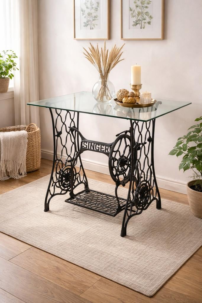 Table avec plateau en verre épais et cadre Singer, Enlèvement