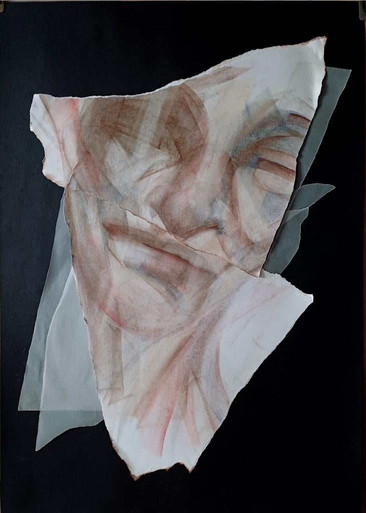 Collage, panpastel en kalkpapier op zwarte achtergrond., Hobby en Vrije tijd, Ophalen