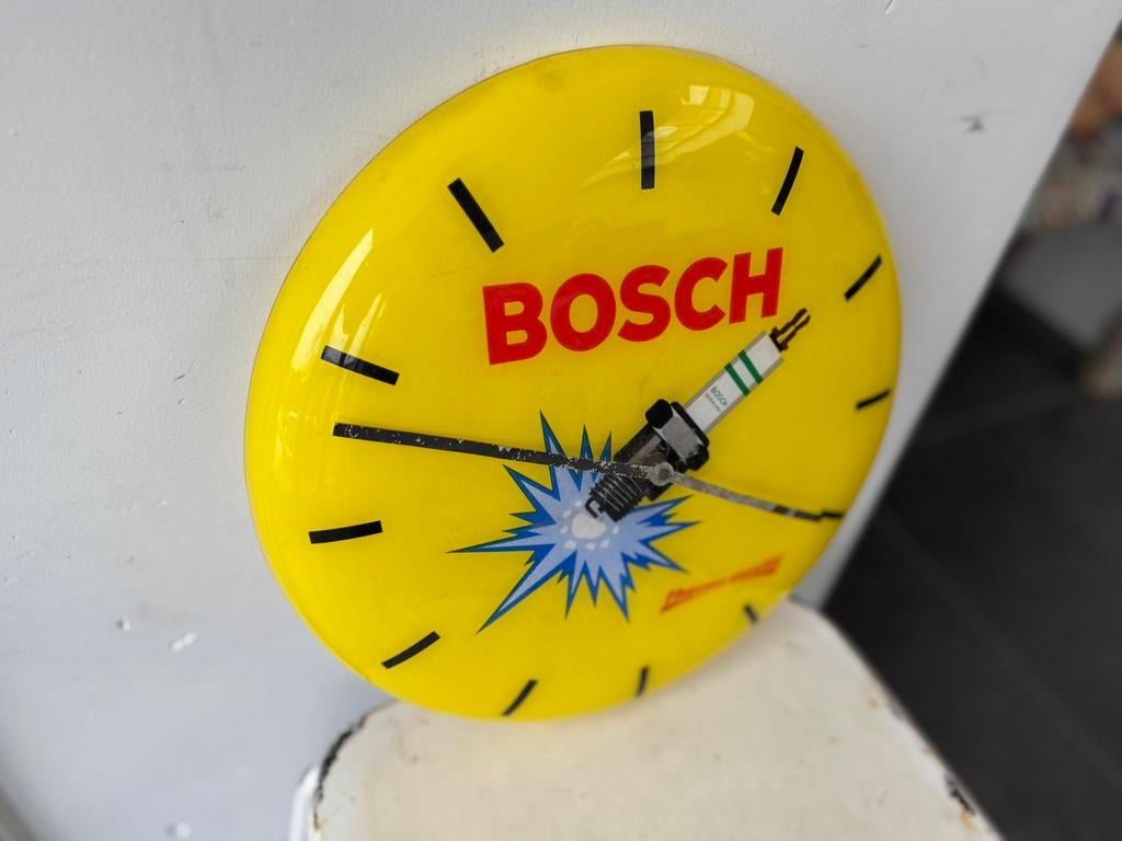 Horloge publicitaire ancienne BOSCH Spark Plug, Collections, Marques & Objets publicitaires, Enlèvement ou Envoi, Utilisé, Panneau publicitaire