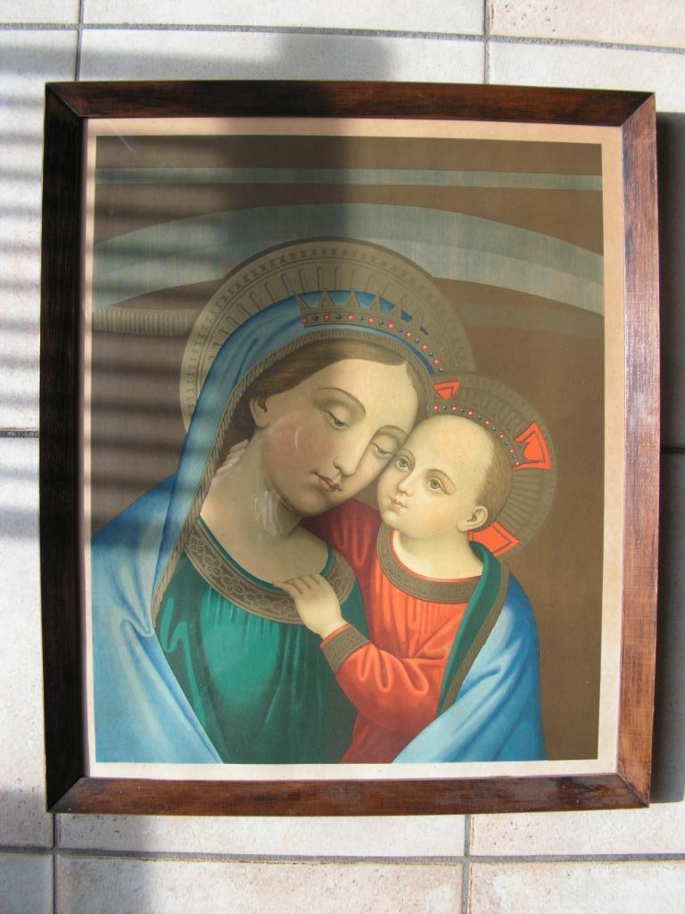 Cadre ancien avec icône de la mère et de l'enfant., Collections, Envoi, Utilisé, Carte ou Gravure