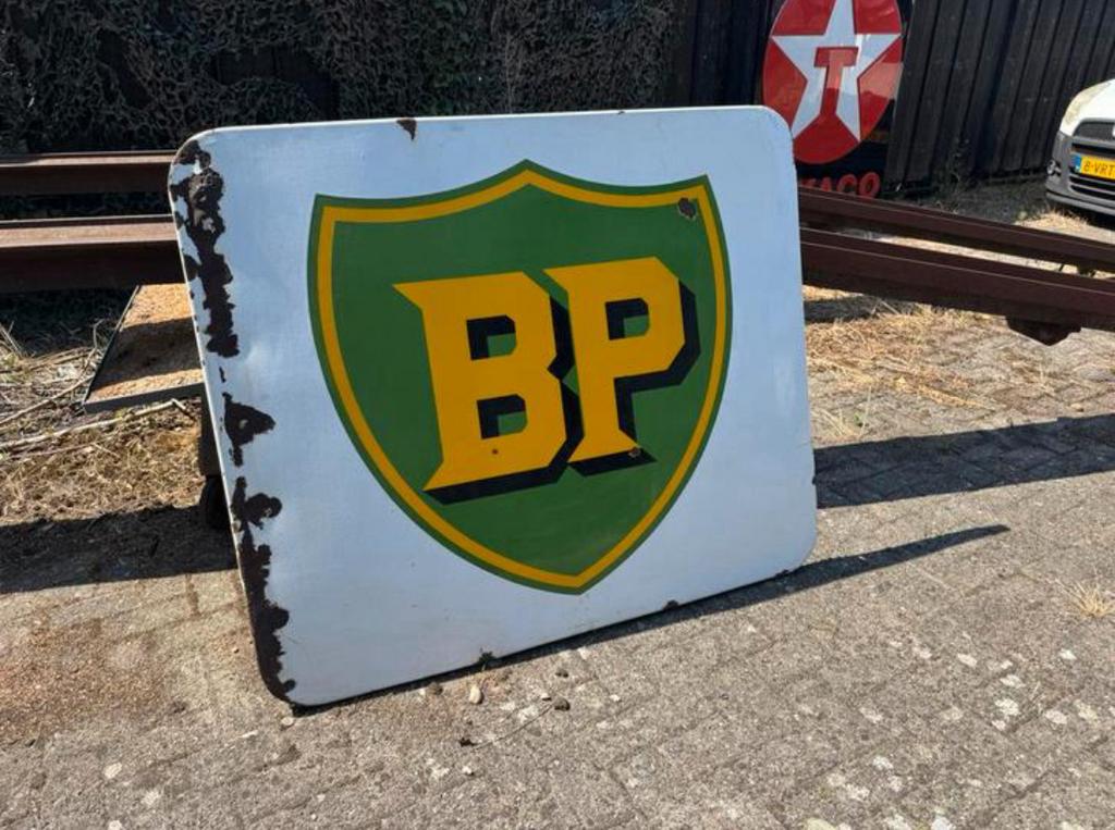 BP groot emaille reclamebord, Verzamelen, Ophalen, Gebruikt, Reclamebord