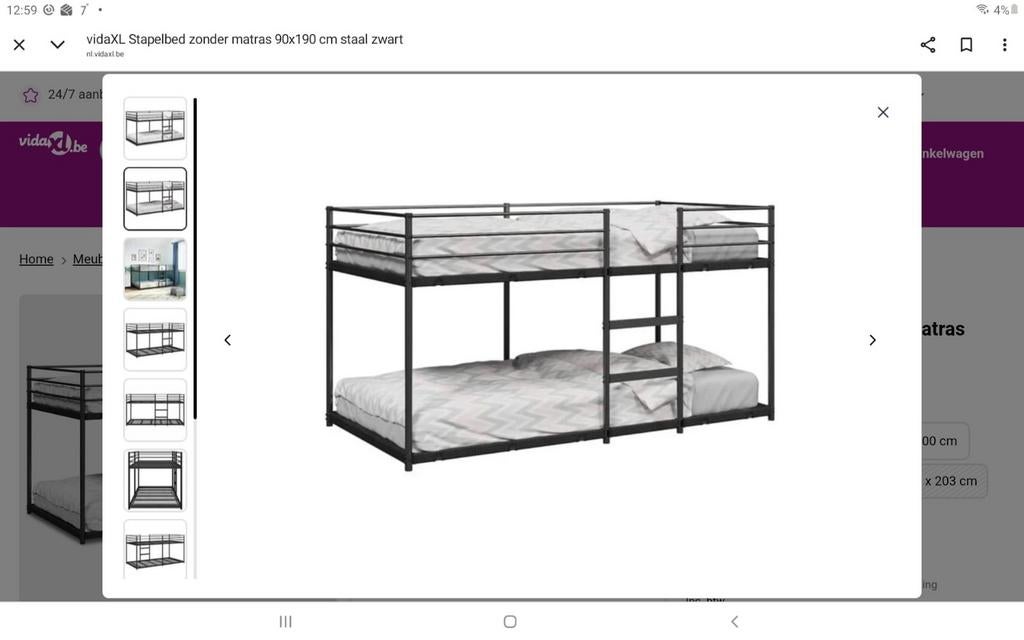 Hoogslaper 1 persoonsbed in zwart staal, Ophalen, Hoogslaper