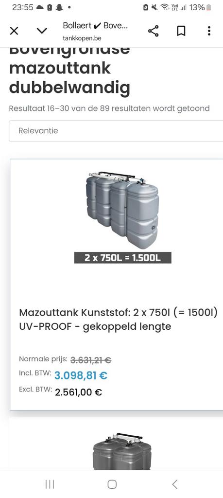 Mazouttank kunststof 2x750l (=1500l), Ophalen, Zo goed als nieuw, Onderdeel, Minder dan 3 jaar oud