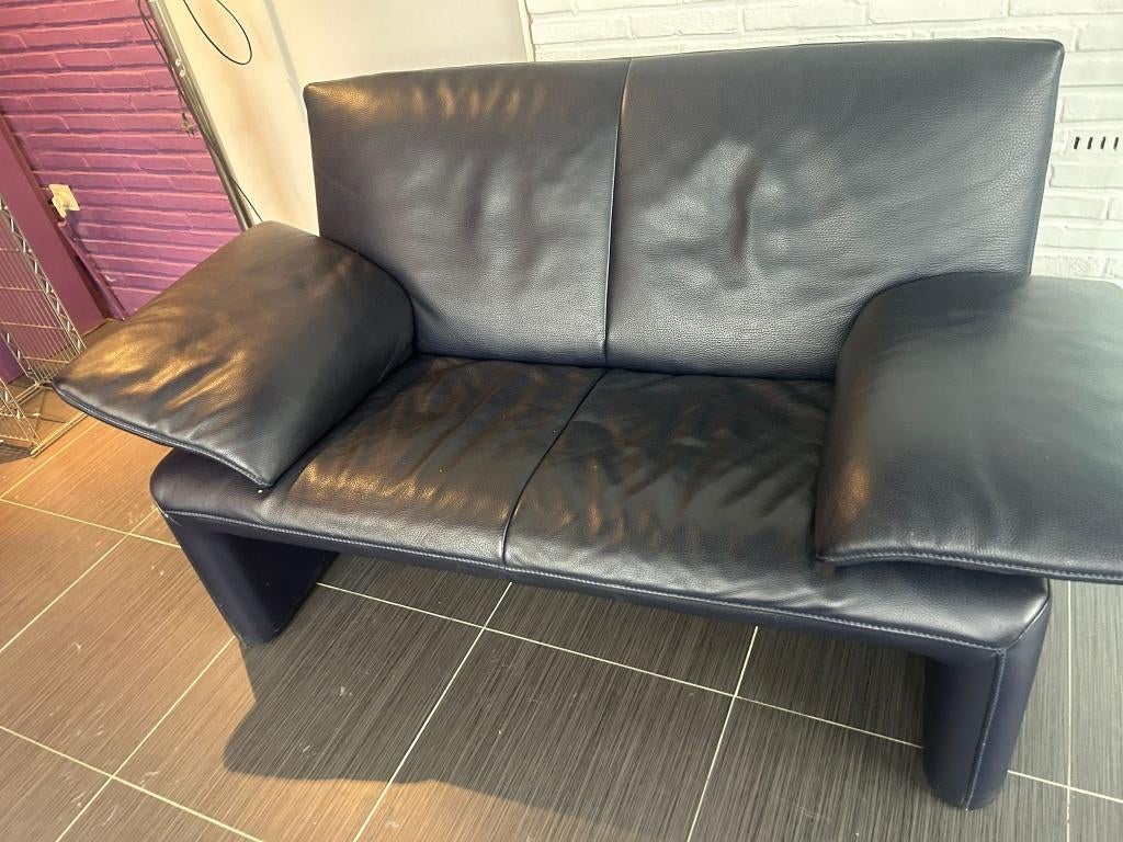 Blauwe lederen Yori 2 persoons zetel, Ophalen, Tweepersoons, Leer, Zo goed als nieuw