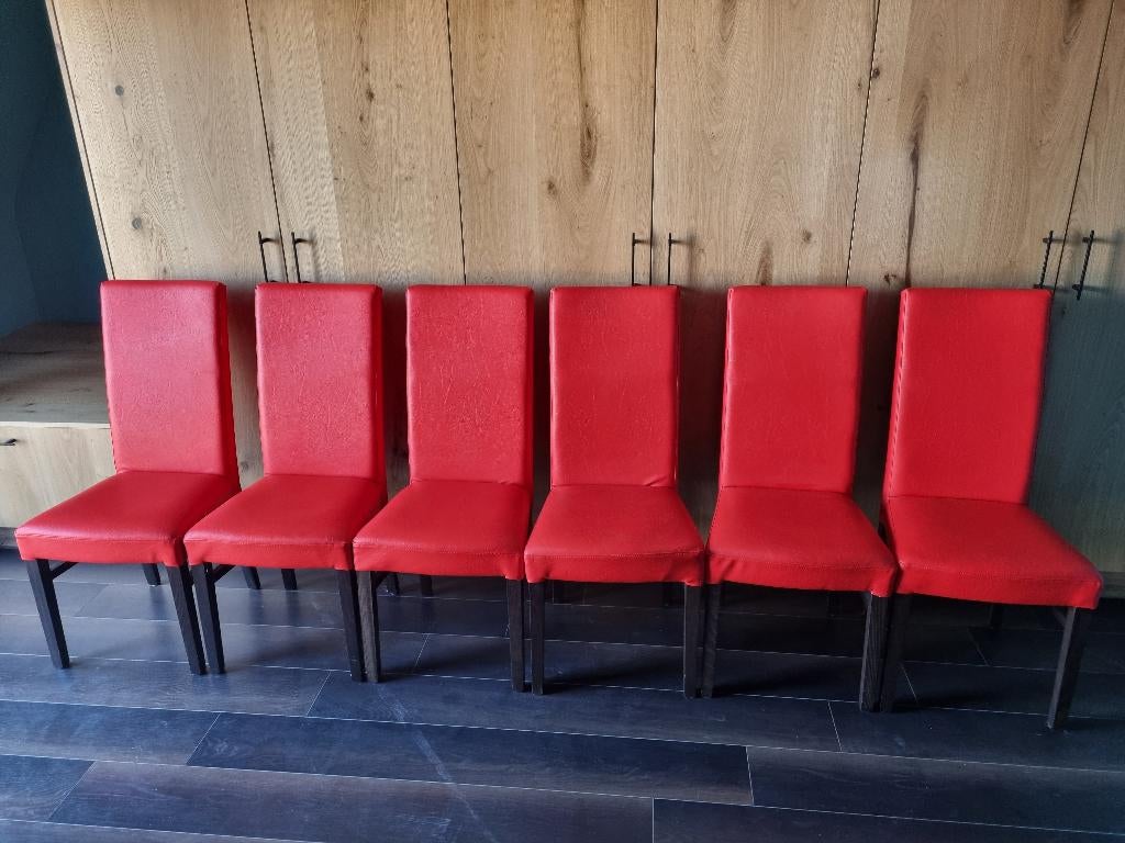Set van 6 stoelen in rood leer, Huis en Inrichting, Stoelen, Ophalen, Zo goed als nieuw, Vijf, Zes of meer stoelen, Leer