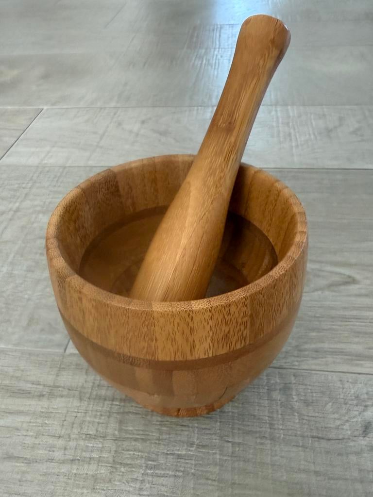 Vijzel en stamper uit bamboe + voorraad potten brabantia, Huis en Inrichting, Ophalen, Zo goed als nieuw, Brabantia