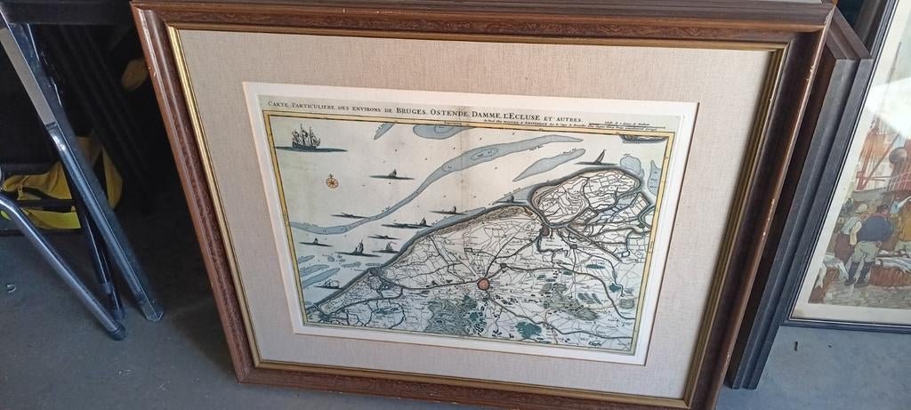Ingekaderde kaart omgeving Brugge - Oostende - Damme 85cm br, Antiek en Kunst, Kunst | Tekeningen en Fotografie, Ophalen