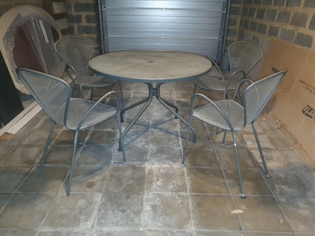 Tafel + 4 metalen stoelen, Ophalen, Gebruikt, Stoel