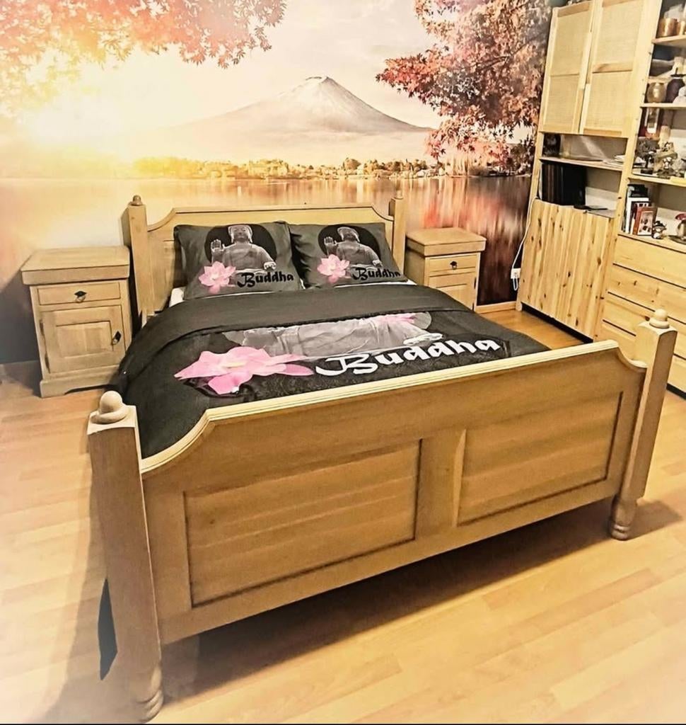 Massief licht eiken bed + lattenbodem en nachtkastjes, Huis en Inrichting, Slaapkamer | Complete slaapkamers, Ophalen
