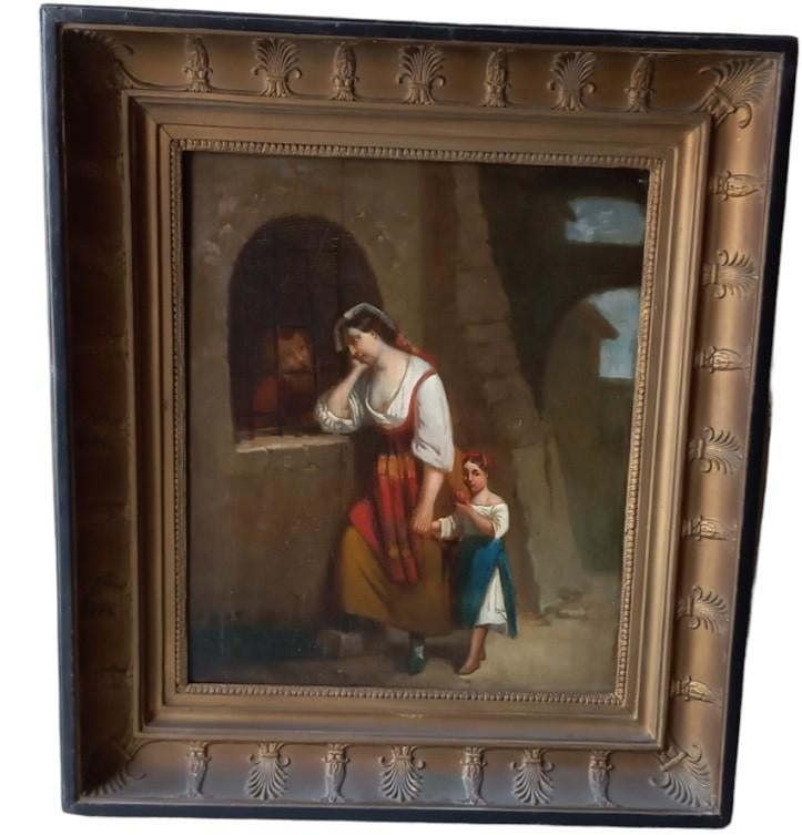 19de eeuws paneel "bezoek aan een gevangene"., Antiek en Kunst, Kunst | Schilderijen | Klassiek, Ophalen of Verzenden