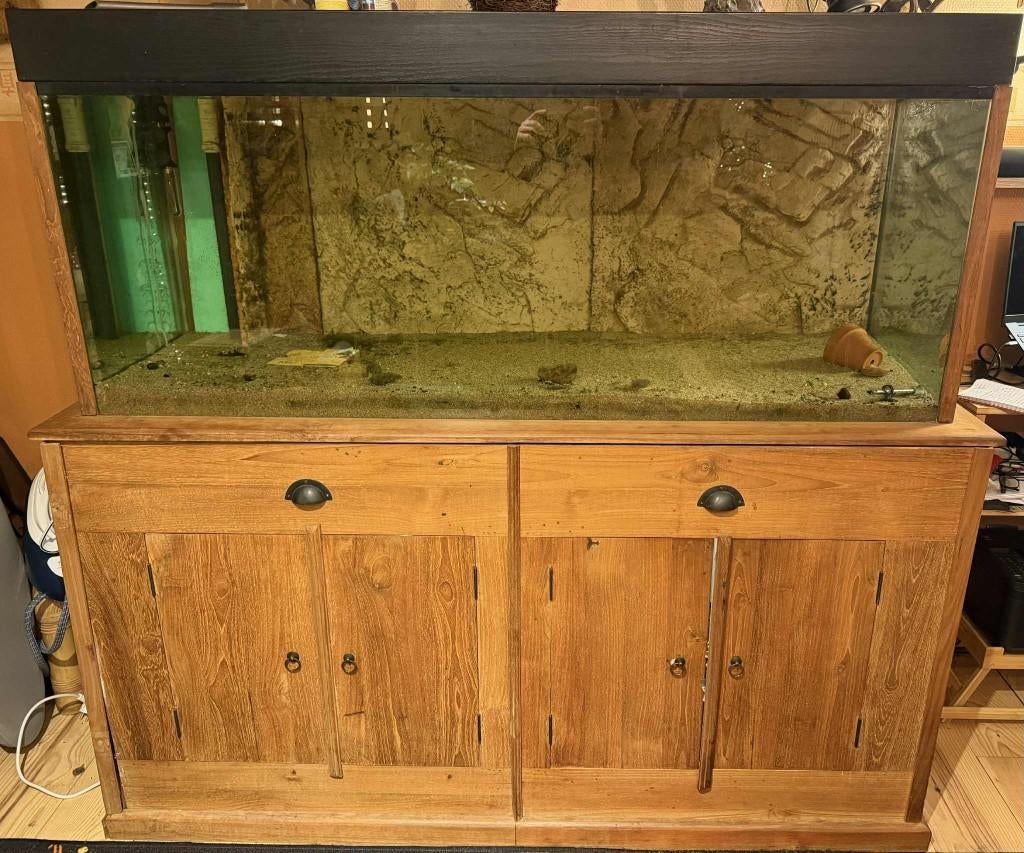 Aquarium met onderkast uit Teak & droog-natfilter, Enlèvement, Utilisé, Aquarium d'eau douce rempli