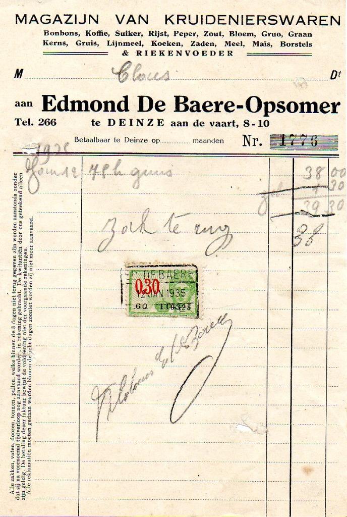 factuur Deinze De Baere Opsomer kruidenier, Ophalen