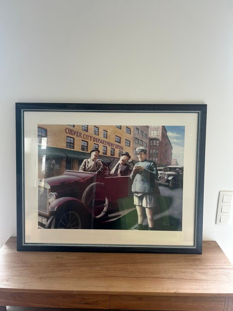 Tableau signé impression Laurel Hardy verre 98/78, Enlèvement