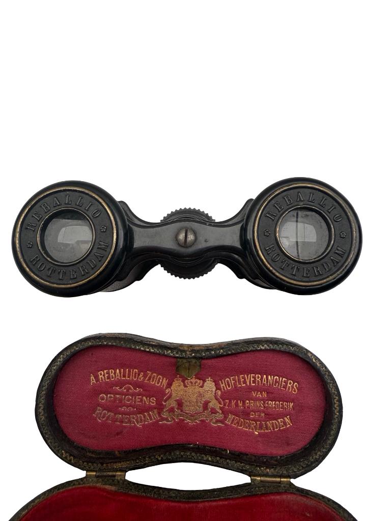 Jumelles anciennes A. Rebaillio & Zoon Rotterdam étui – XIXe, Moins de 8x, Enlèvement ou Envoi, Utilisé, /