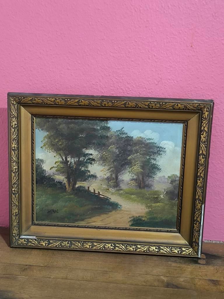 Tableau ancien représentant un paysage champêtre, Enlèvement