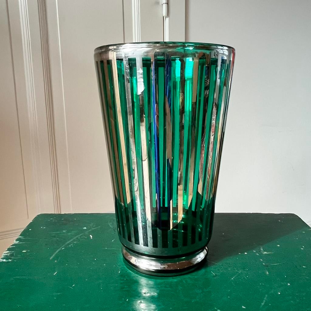 Modernistische glazen vaas groen + verzilverd, 1940’s, Ophalen of Verzenden