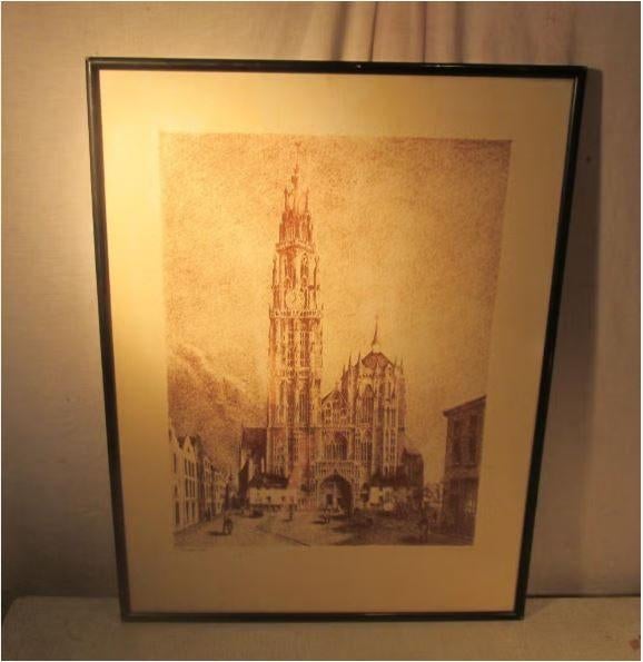 Belle gravure ancienne « Cathédrale d'Anvers » - Van Frachem, Enlèvement ou Envoi, Vue urbaine, Gravure, Encadré