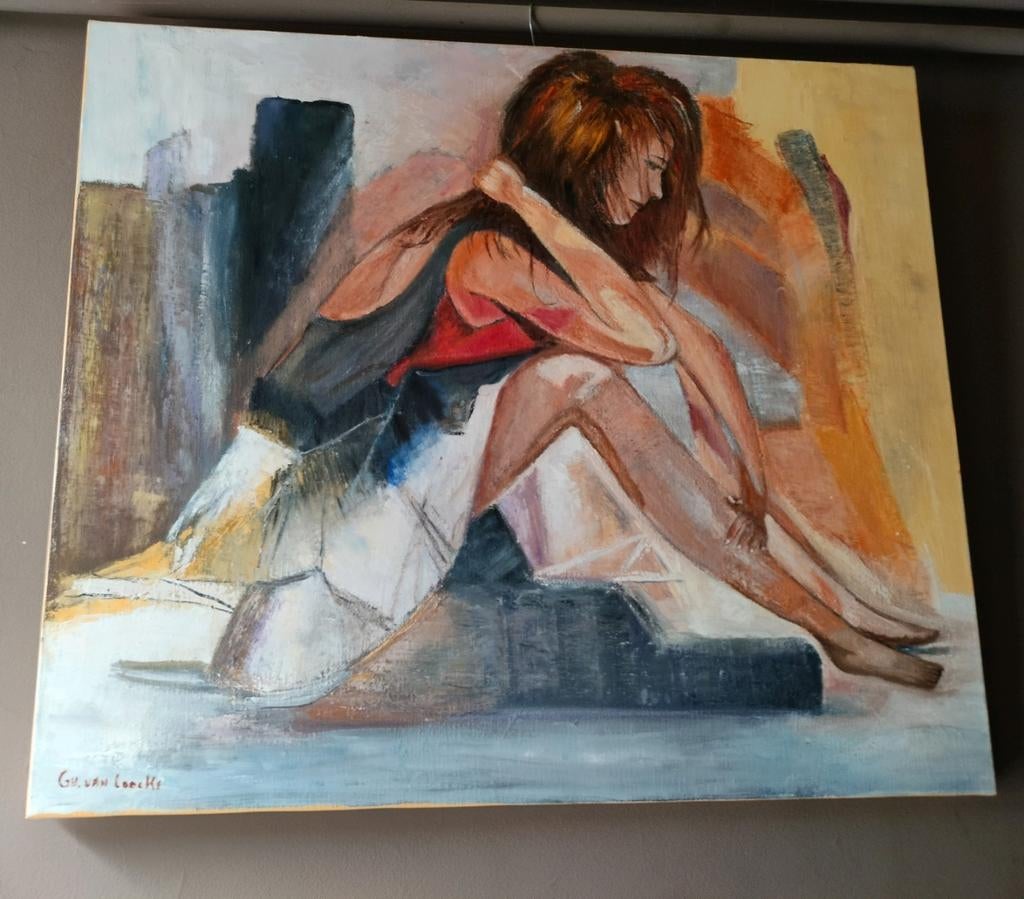 Schilderij zittende jonge vrouw, Antiek en Kunst, Ophalen