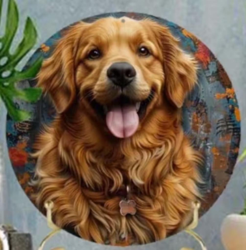 Vintage rond metalen bord Golden Retriever bruin (20cm), Ophalen of Verzenden, Nieuw