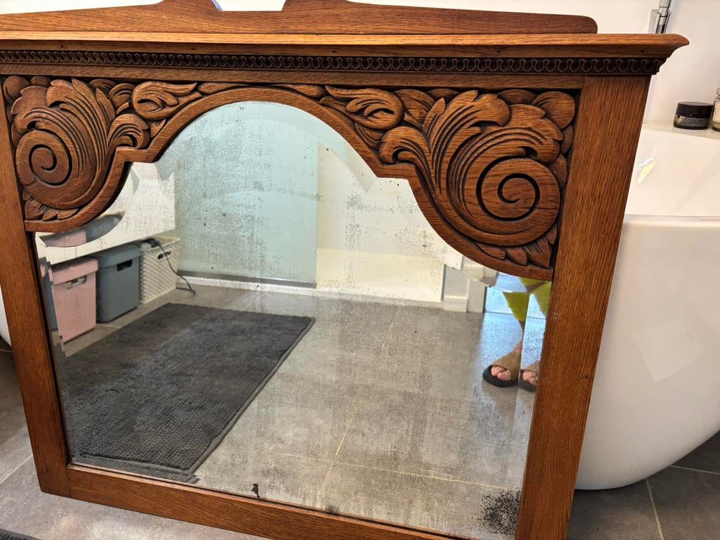 Antieke eiken spiegel 1932 Miroiterie de la Dyle, Louvain, Ophalen, Rechthoekig, 50 tot 100 cm, Minder dan 100 cm