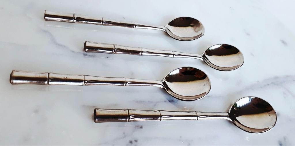 Quatre cuillères à café vintage en métal argenté à motif bam, Enlèvement ou Envoi