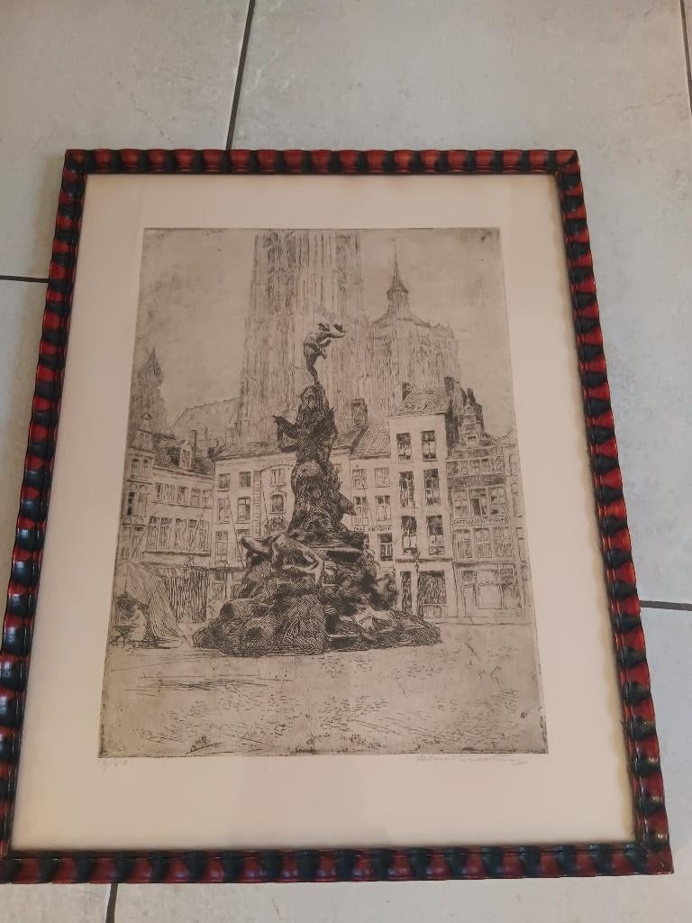 gesigneerde ets brabofontein Antwerpen, Door Henri Geertsen, Antiek en Kunst, Kunst | Etsen en Gravures, Ophalen of Verzenden