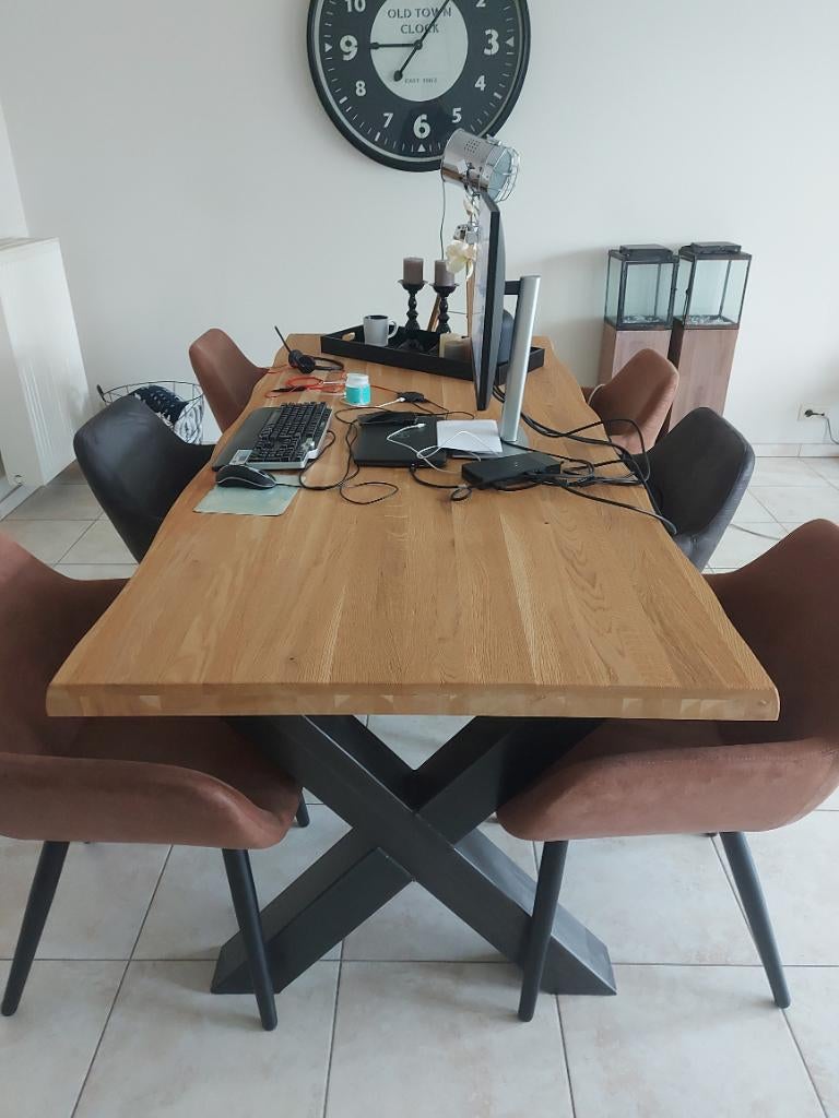 Eettafel met stoelen, industriele look, Ophalen, Eikenhout, 200 cm of meer, 50 tot 100 cm