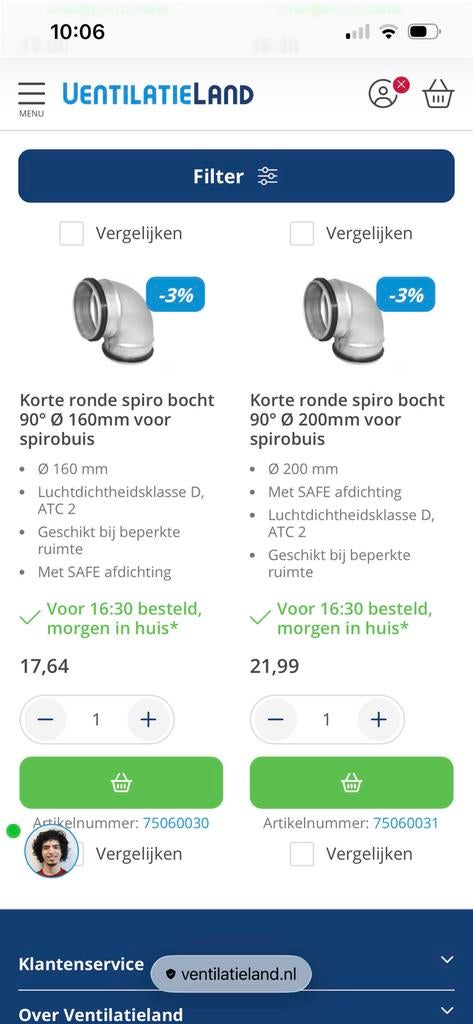 Ventilatie bochten 90 graden dia 100 125 160’ 200, Ophalen, Zo goed als nieuw, Bochten