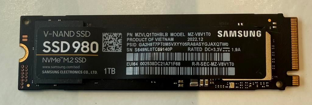 Samsung Ssd NVMe  M.2. 1tb, Ophalen of Verzenden, Zo goed als nieuw, SSD