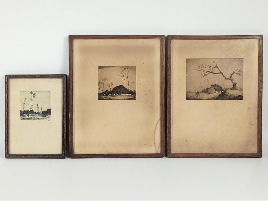 Lot van drie gravures Dirk Baksteen aquatint 1930–1940, Antiek en Kunst, Kunst | Etsen en Gravures, Ophalen of Verzenden