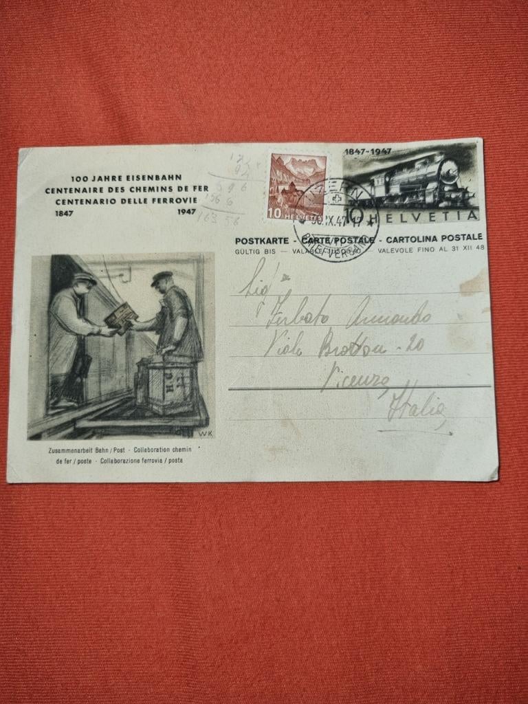 1 carte postale Suisse 1947 Cent ans chemins de fer suisses, Enlèvement ou Envoi, 1940 à 1960, Affranchie, Europe autre