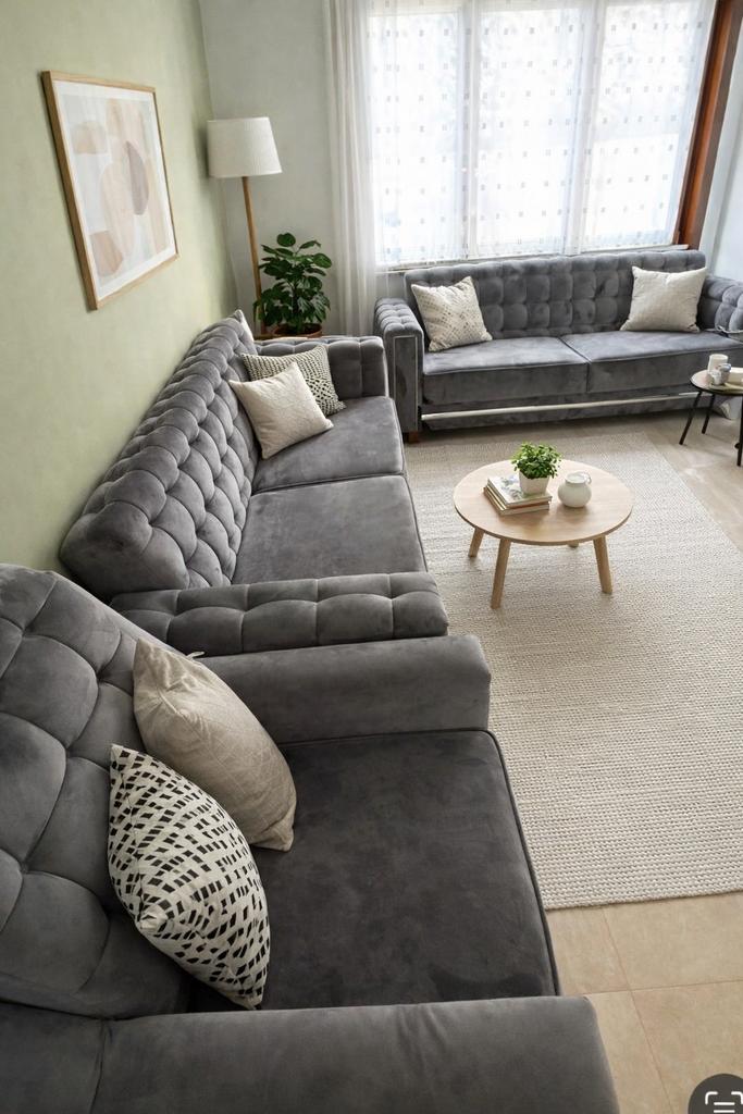 Lot de canapés en velours gris capitonné, Maison & Meubles, Enlèvement, Comme neuf