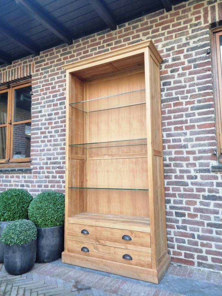 Teak boekenkast/vitrinekast, Ophalen, Met plank(en), 100 tot 150 cm, 200 cm of meer
