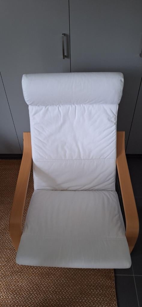 Zetel IKEA POÄNG in hout en wit-beige stof. Mooie staat., Ophalen, Scandinavisch, Zo goed als nieuw, Stof