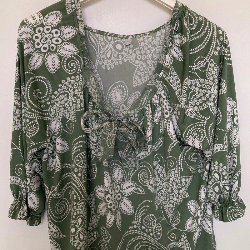 Blouse - kaki - motif floral blanc - XXL (taille 44), Taille 42/44 (L), Comme neuf, Merkloos, Vert