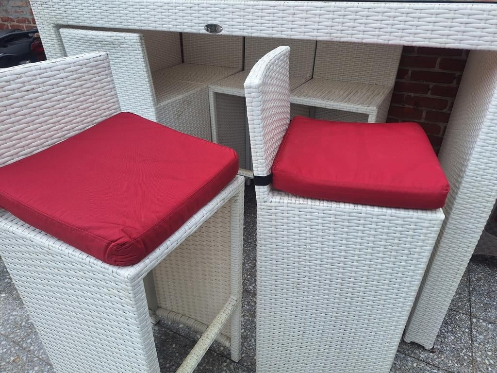 Bartafel met 6 stoelen en kussens 150€, Huis en Inrichting, Ophalen of Verzenden