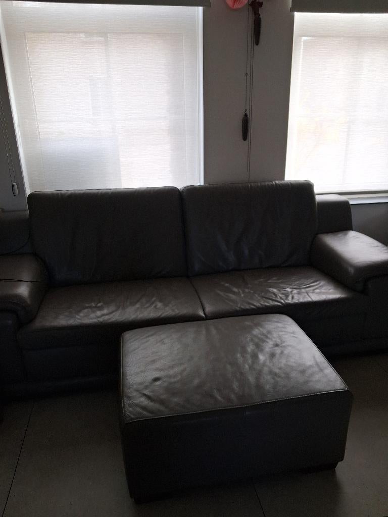 Salonzetel leder met poef, Huis en Inrichting, Ophalen, Gebruikt, Leer