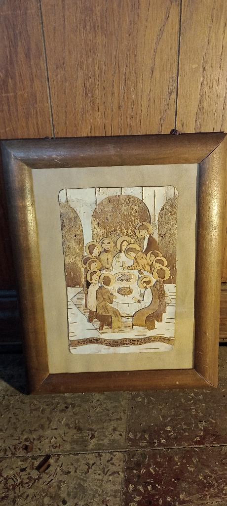 Marqueterie van berkenschors, FareMoutiers,28x36,n452, Antiek en Kunst, Kunst | Beelden en Houtsnijwerken, Ophalen of Verzenden