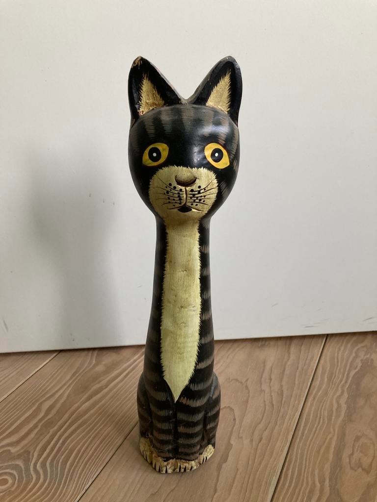 Houten beeld, kat, decoratie, ecologisch, Antiek en Kunst, Ophalen of Verzenden