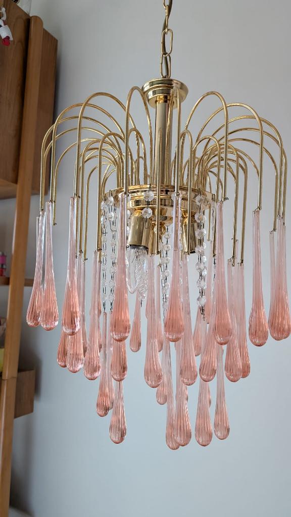 Vintage roze teardrop luster, Huis en Inrichting, Lampen | Kroonluchters, Ophalen, Gebruikt, Glas